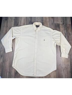 Vtg Ralph Lauren Big Shirt Yellow Striped Button Up Long Sleeve Preppy Large Y2K